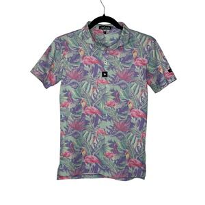 Bad Birdie Boys Polo Medium Purple Green Pink Flamingo Tropical Golf Shirt